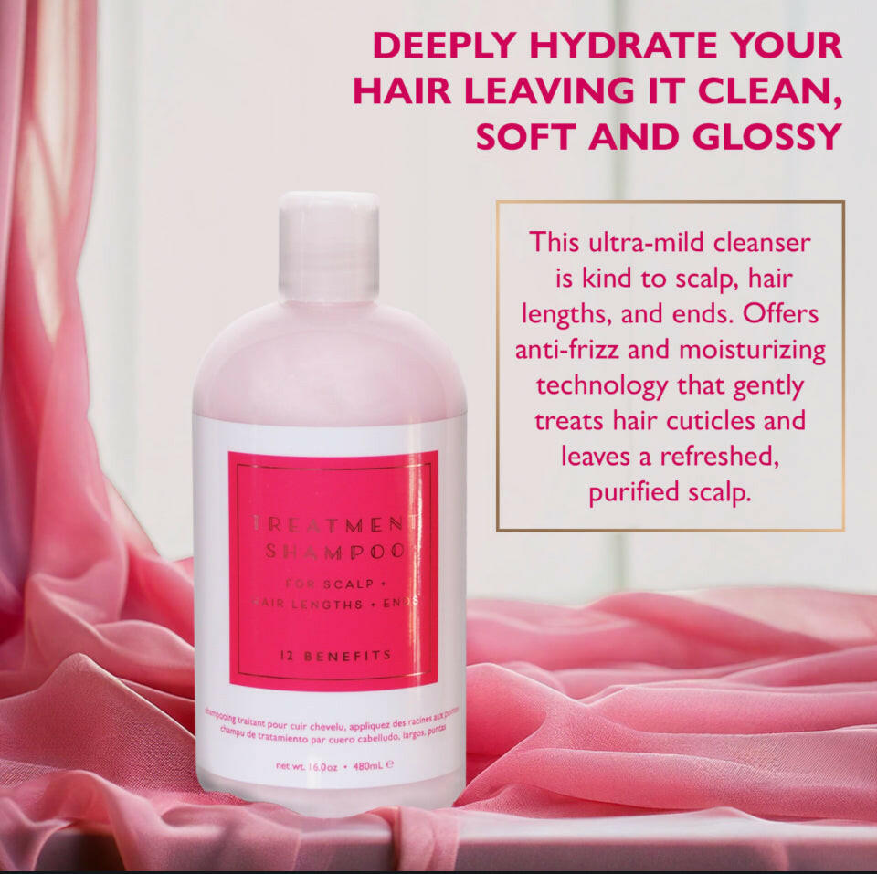 A bottle of Treatment Shampoo with pink label, 12 Benefits mentioned Treatment Shampoo for scalp lengths ends written on it, sulfate-free, 300ml size.