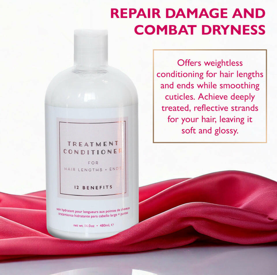 A clear bottle of Treatment Conditioner with a white label that has pink and black text, branding, and decorative elements.