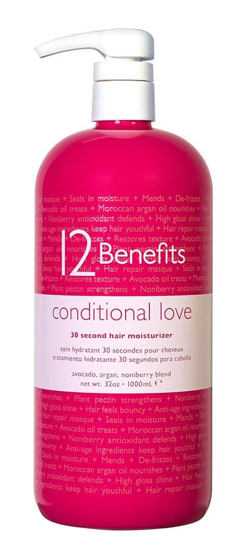 Bottle of '2 Benefits Conditional Love' hair moisturizer on a white background with written words 30 second hair moisturizer