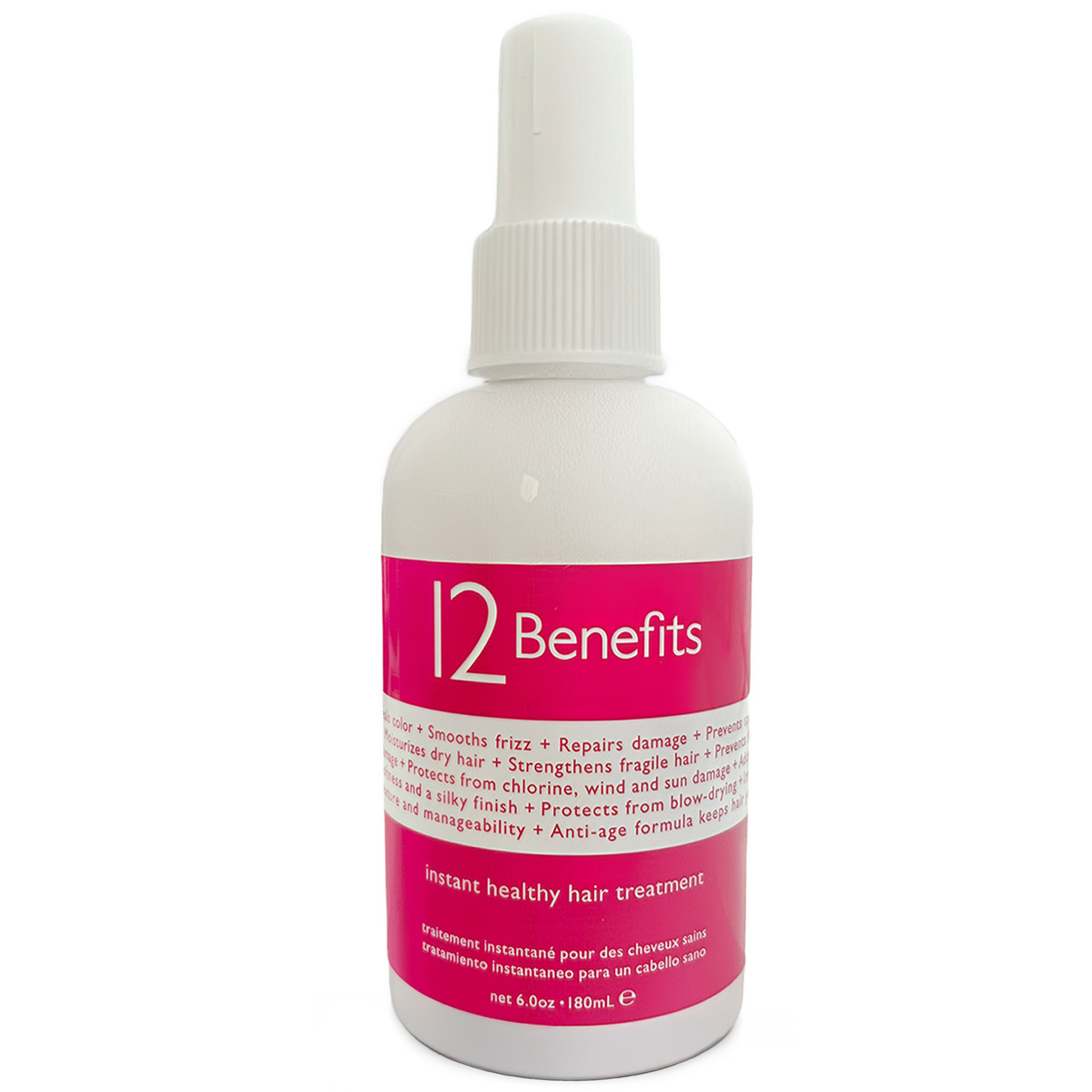 Bottle of updated labeled 6oz size '12 Benefits' instant healthy hair treatment on a white background