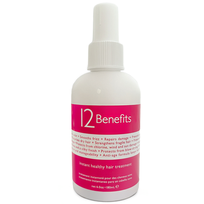 Bottle of updated labeled 6oz size '12 Benefits' instant healthy hair treatment on a white background
