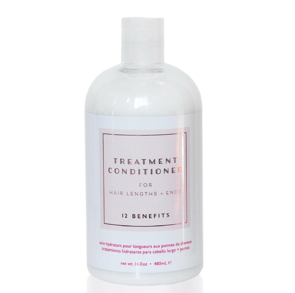 A bottle of 12 Benefits Treatment Conditioner for hair lengths and ends, with a white background.