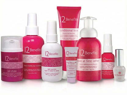 Collection of 12 Benefits hair care products on a white background