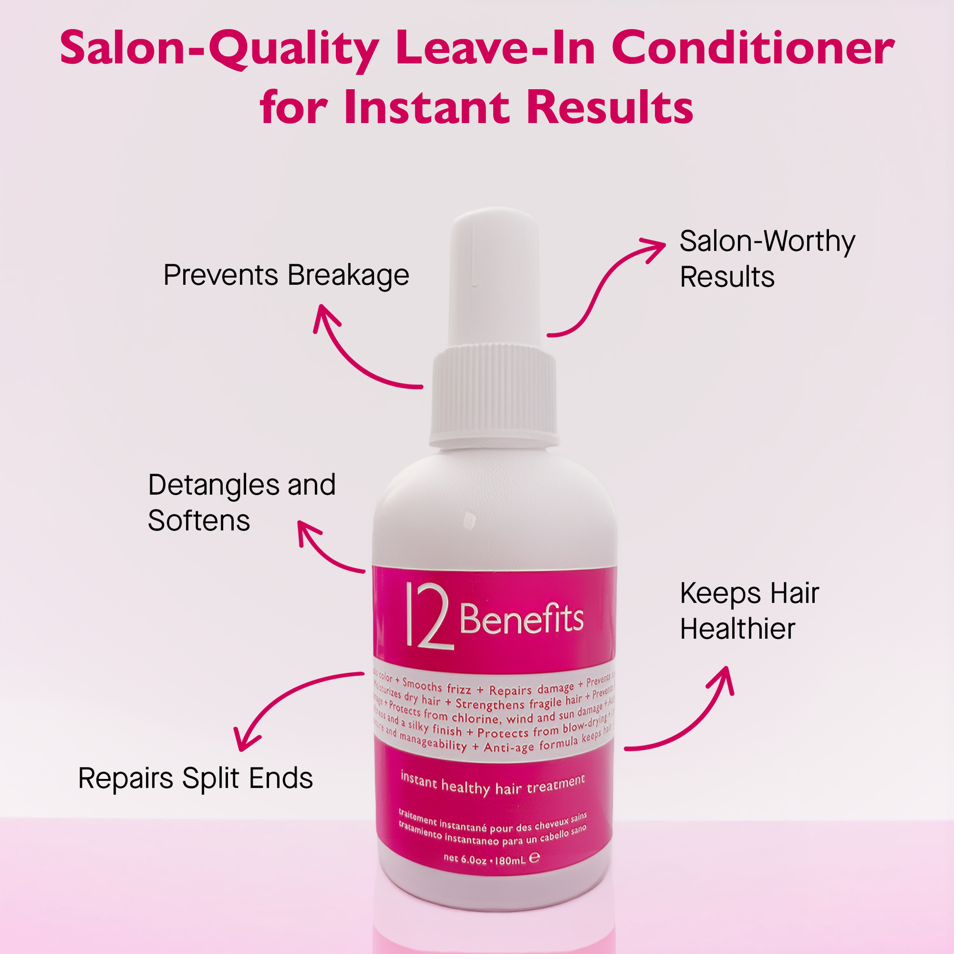 Salon-Quality Leave-In Conditioner bottle with text highlighting benefits on a pink background