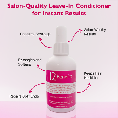 Salon-Quality Leave-In Conditioner bottle with text highlighting benefits on a pink background