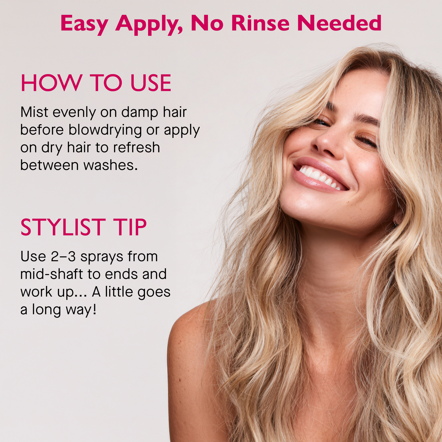 Woman with styled blond hair and product instructions on a light background