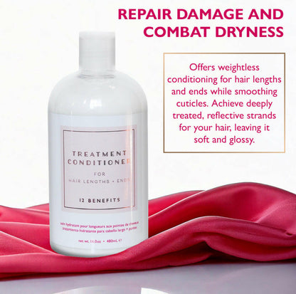 A clear bottle of Treatment Conditioner with a white label that has pink and black text, branding, and decorative elements.
