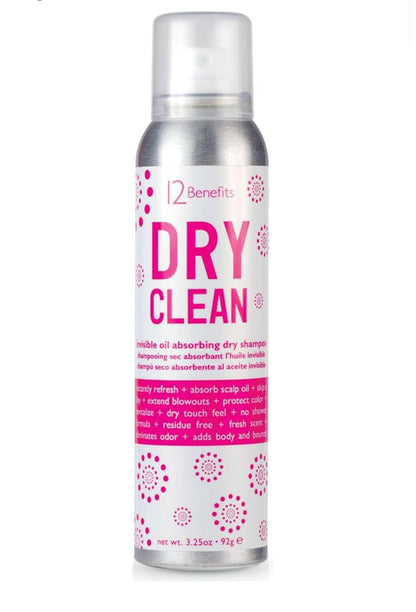 A can of 12 Benefits Dry Clean dry shampoo with a pink label decorative patterns and benefits listed