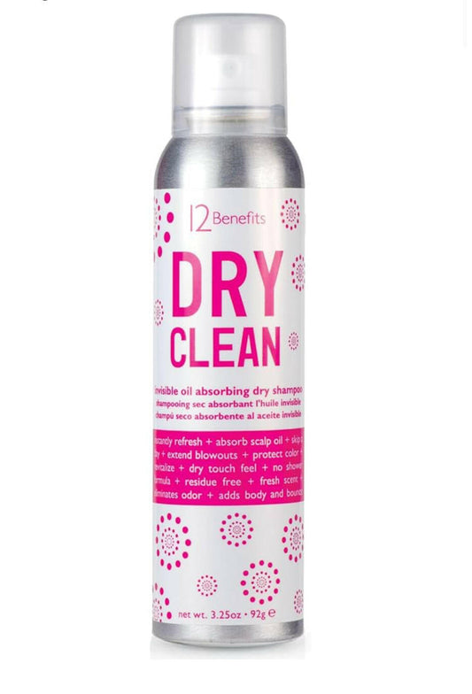 A can of 12 Benefits Dry Clean dry shampoo with a pink label decorative patterns and benefits listed