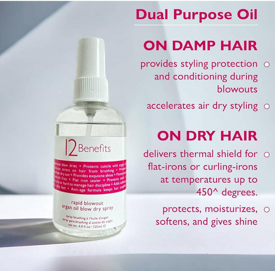 A spray bottle of 12 Benefits Rapid Blowout Protecting Accelerator, designed for use during hair styling.