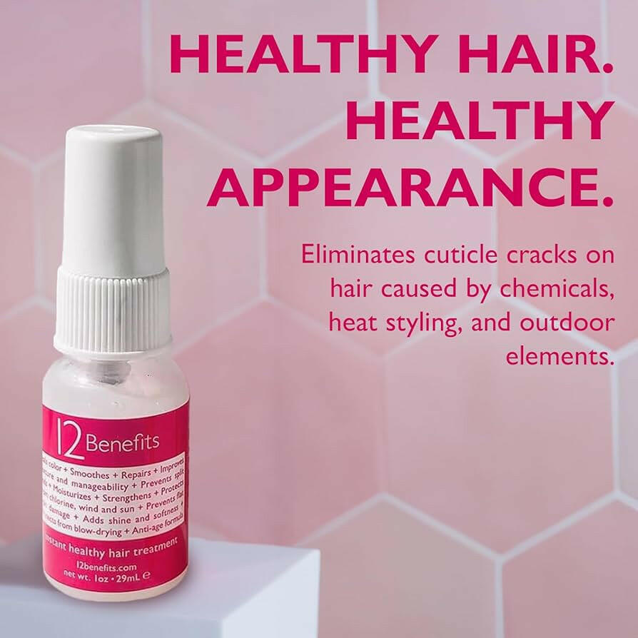 A bottle of 1oz mini 12 Benefits hair treatment product with text highlighting the product's benefits for healthy hair and appearance.
