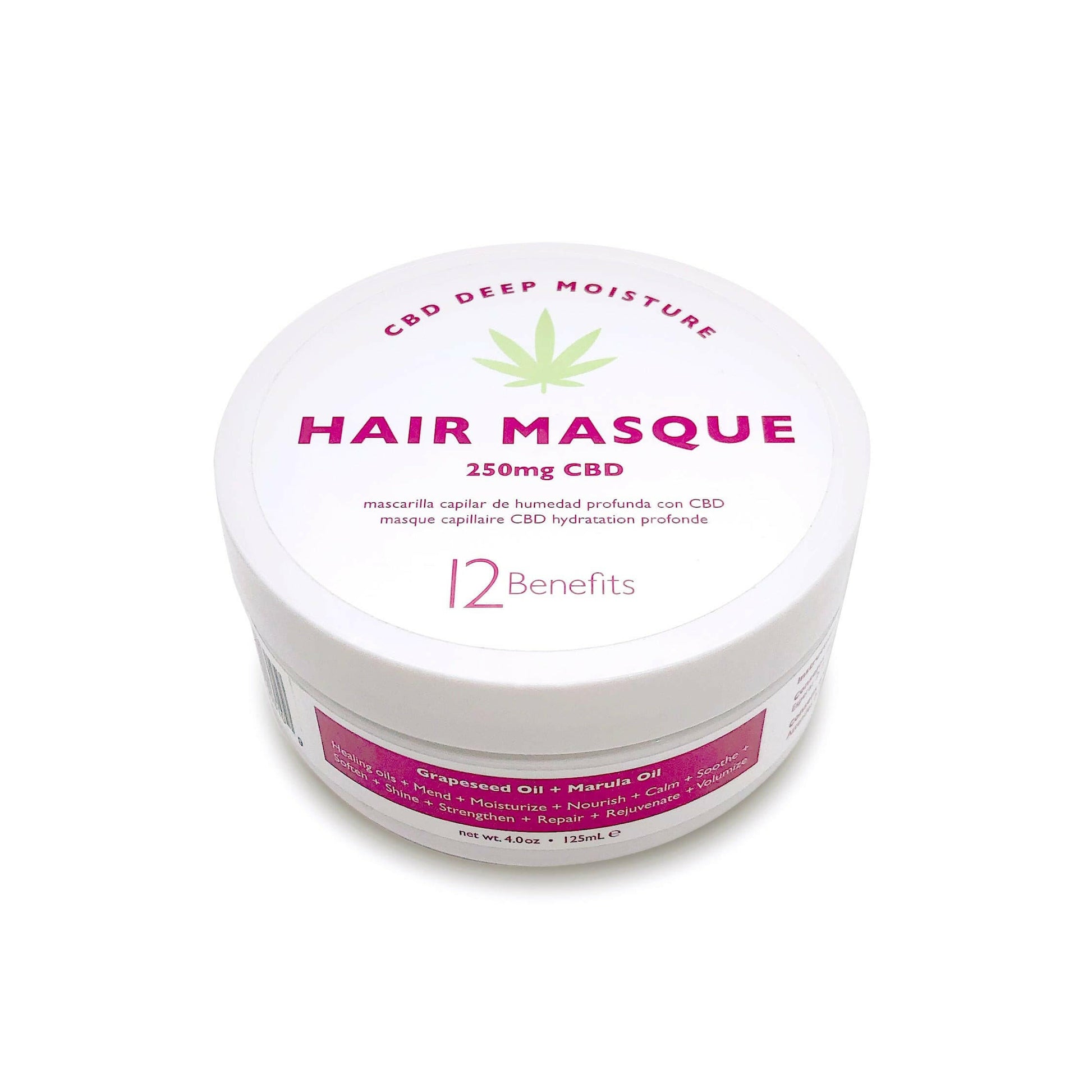 A container of Emollient Rich Masque hair moisturizer with a label indicating it contains 250mg CBD, designed for hair nourishment and conditioning.