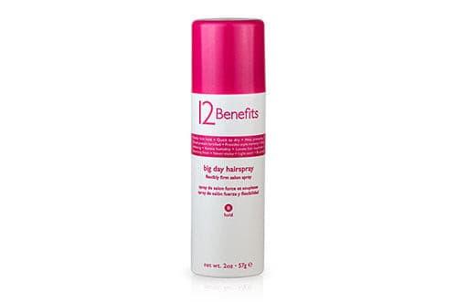 2oz size mini 12 Benefits hairspray can with pink cap on a white background