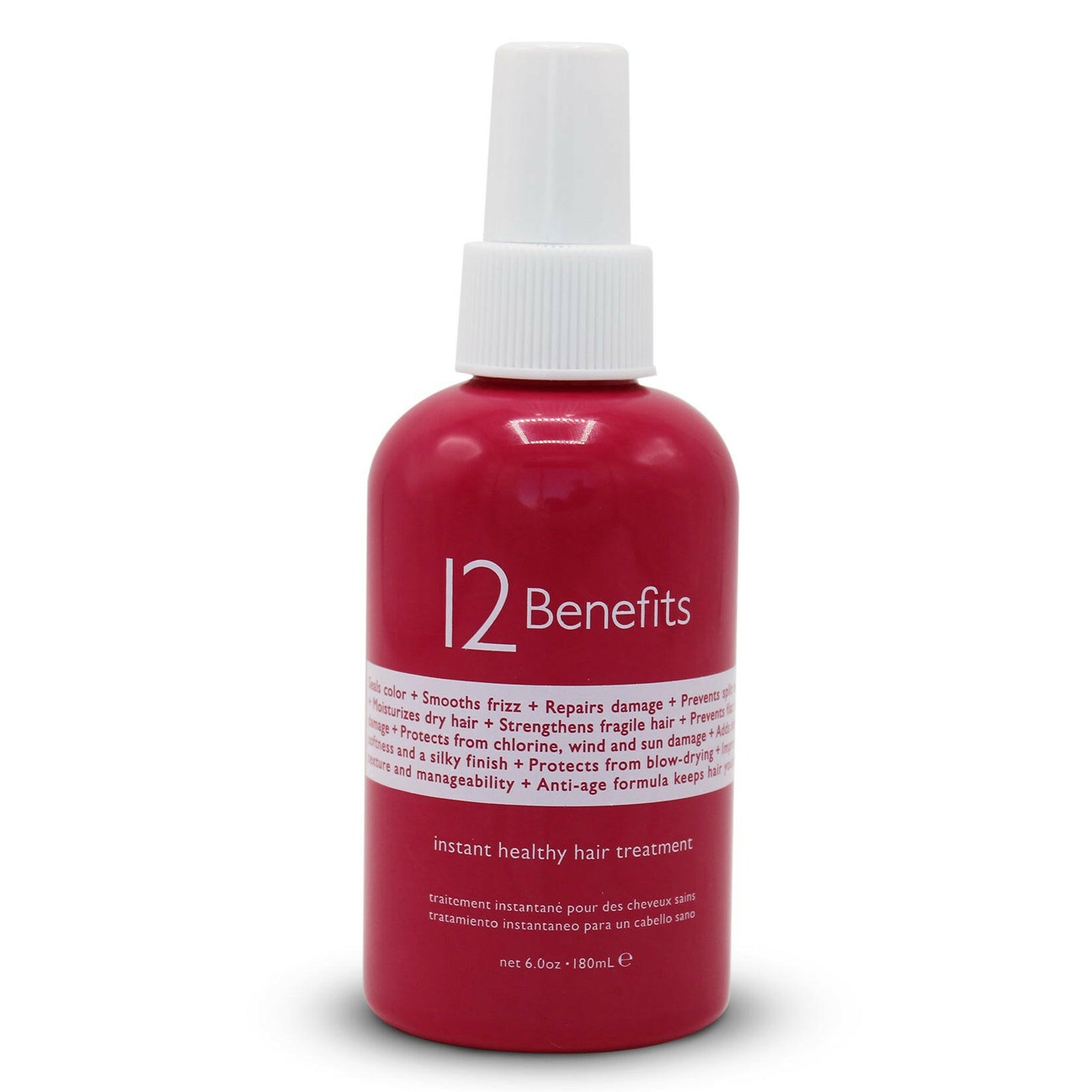 Original pink bottle of 12 Benefits hair treatment product with text highlighting the product's benefits for healthy hair and appearance.