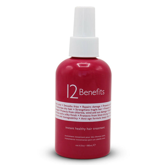 Original pink bottle of 12 Benefits hair treatment product with text highlighting the product's benefits for healthy hair and appearance.