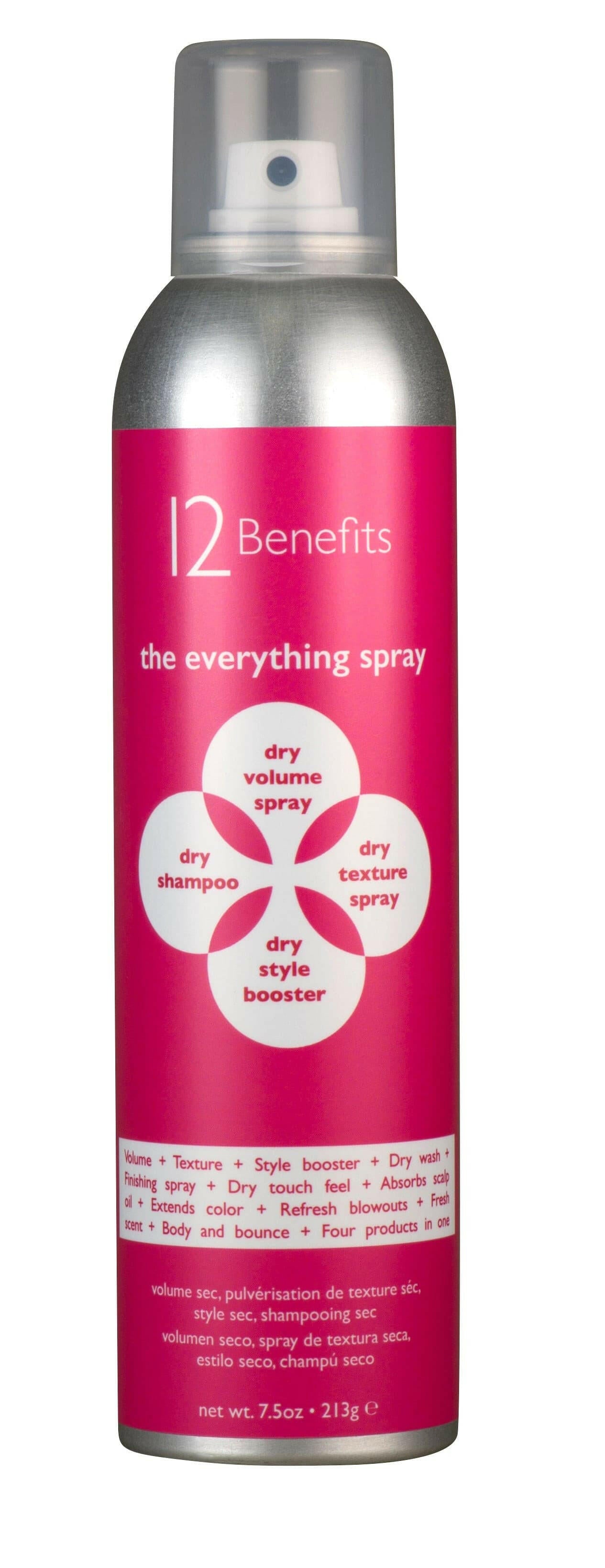 A can of '12 Benefits The Everything Spray' for hair styling, with pink and white color scheme and text detailing the product's benefits.