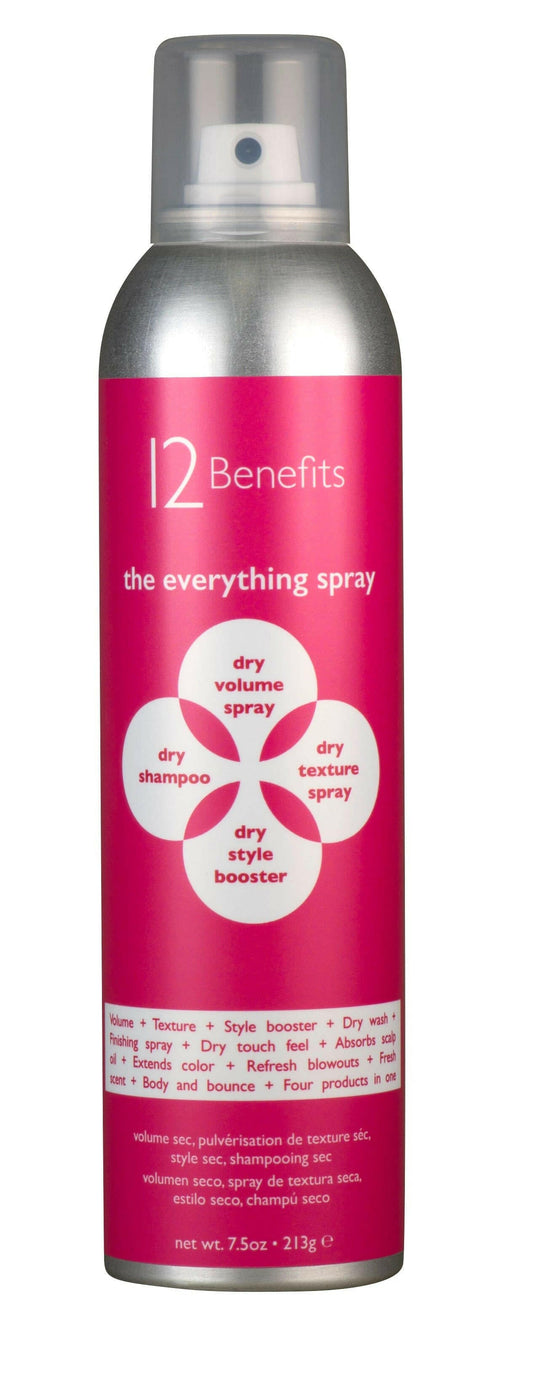A can of '12 Benefits The Everything Spray' for hair styling, with pink and white color scheme and text detailing the product's benefits.