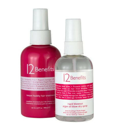 Two bottles of 12 Benefits hair care products, one labeled as Instant Healthy Hair Treatment and the other as Rapid Blowout argan oil accelerator.